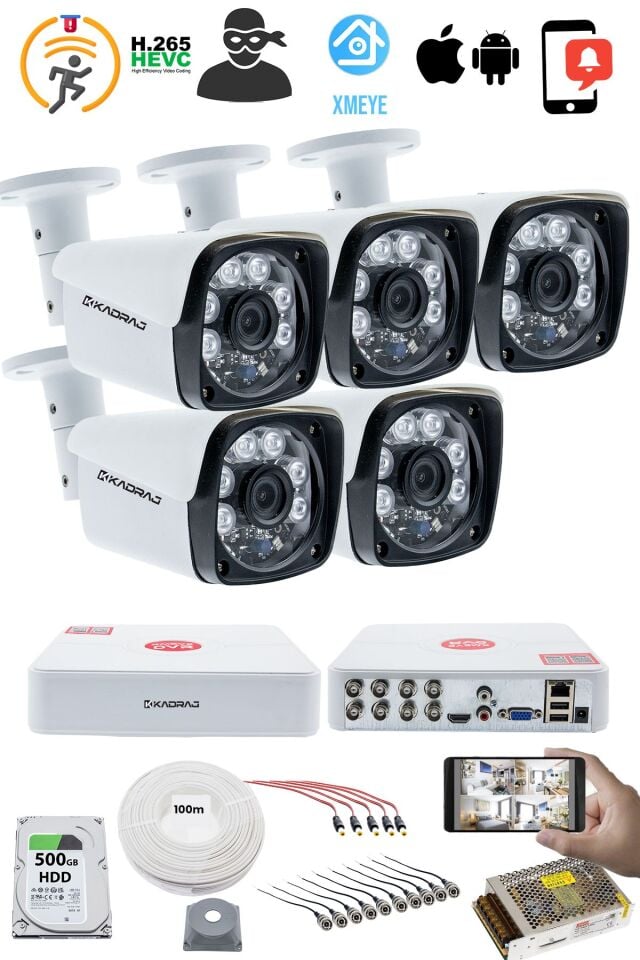 5'li Kamera Seti 5MP Sony SecuLensli 1080P Full HD, 6 Atom LED, AHD Güvenlik Kamerası Seti,