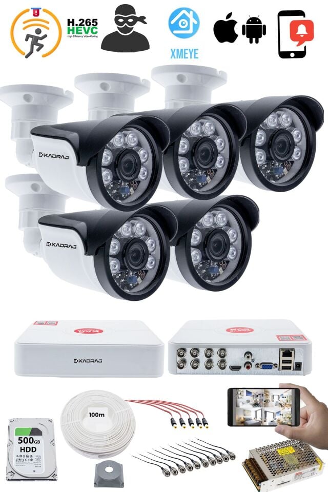 5 Kameralı 5MP Sony SecuLensli 1080p Full HD AHD Güvenlik Kamerası Seti, 6 Atom LED, Gece Görüşlü,