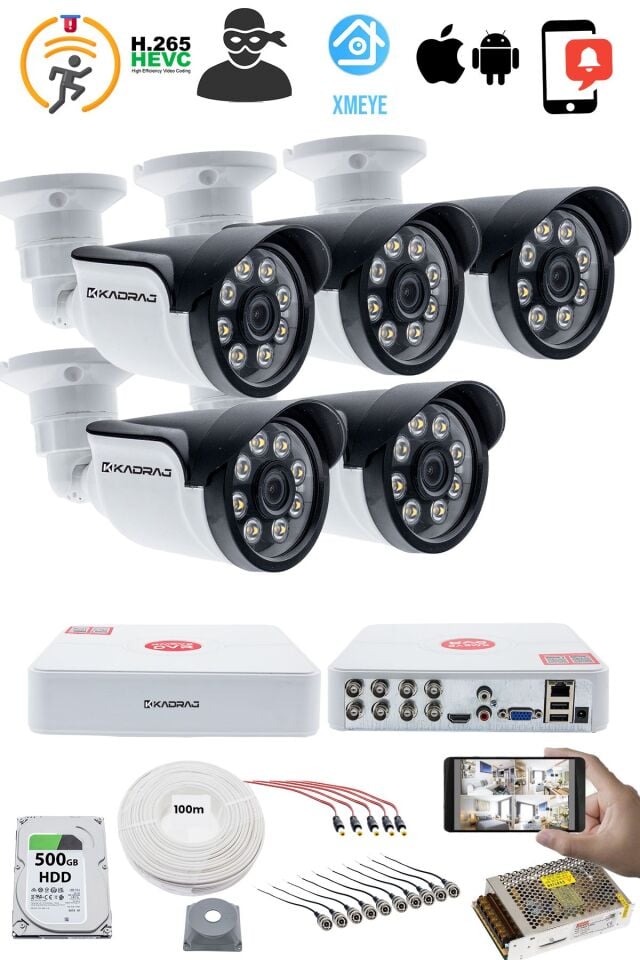 5 Kameralı Güvenlik Kamerası Seti - 5MP Sony SecuLensli 1080p AHD, 8 Warm LED, Colorvu