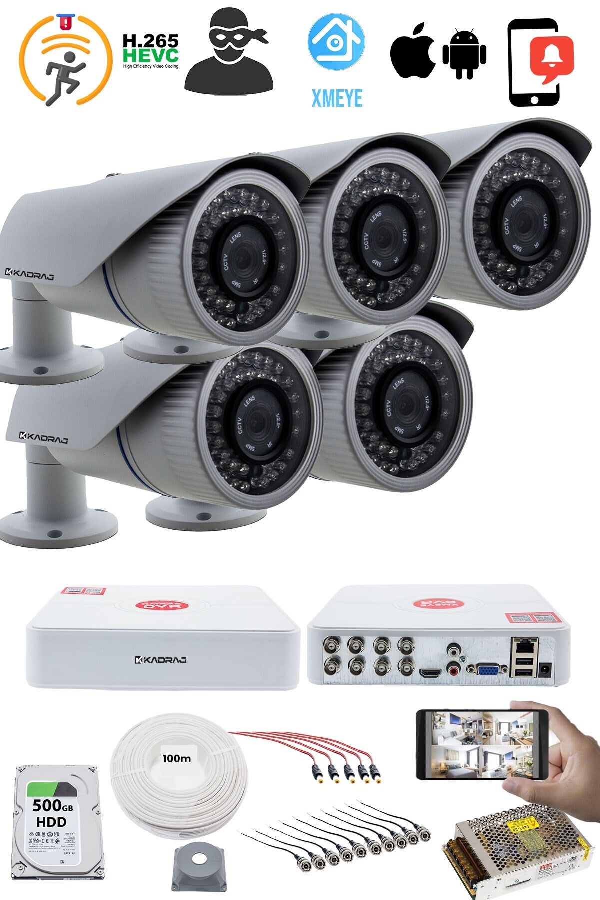 5 Kameralı Güvenlik Kamerası Seti - 5mp Sony Seculensli 1080p Ahd, 42 Ir Led, Gece Görüşlü,  V1