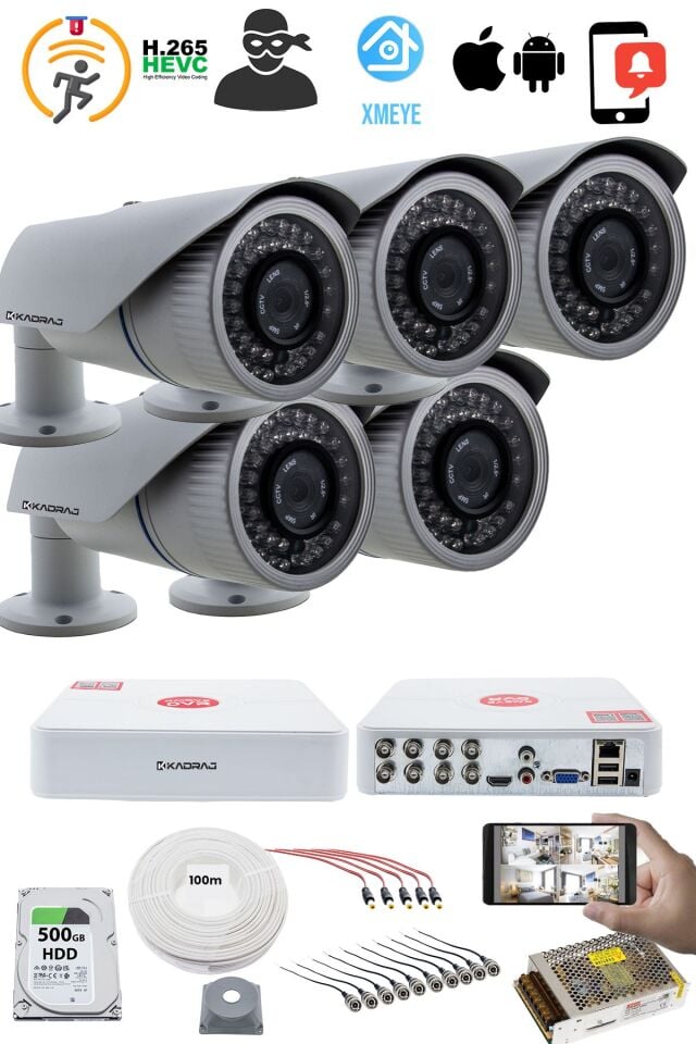 5 Kameralı Güvenlik Kamerası Seti - 5mp Sony Seculensli 1080p Ahd, 42 Ir Led, Gece Görüşlü,  V1
