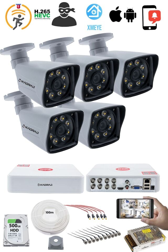 5 Kameralı Güvenlik Kamerası Seti - 5MP Sony SecuLensli 1080p Full HD AHD, 8 Ultra Warm LED,