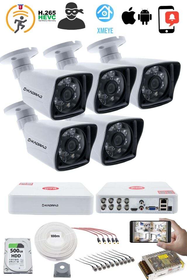 5 Kameralı Güvenlik Kamerası Seti - 5MP Sony SecuLensli 1080P Full HD AHD, 6 Atom LED, Gece Görüşlü