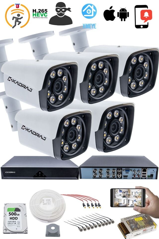 5 KAMERALI  SET - 5MP Sony SecuLensli 1080P Full HD AHD,8 Ultra Warm LED, Gece Renkli