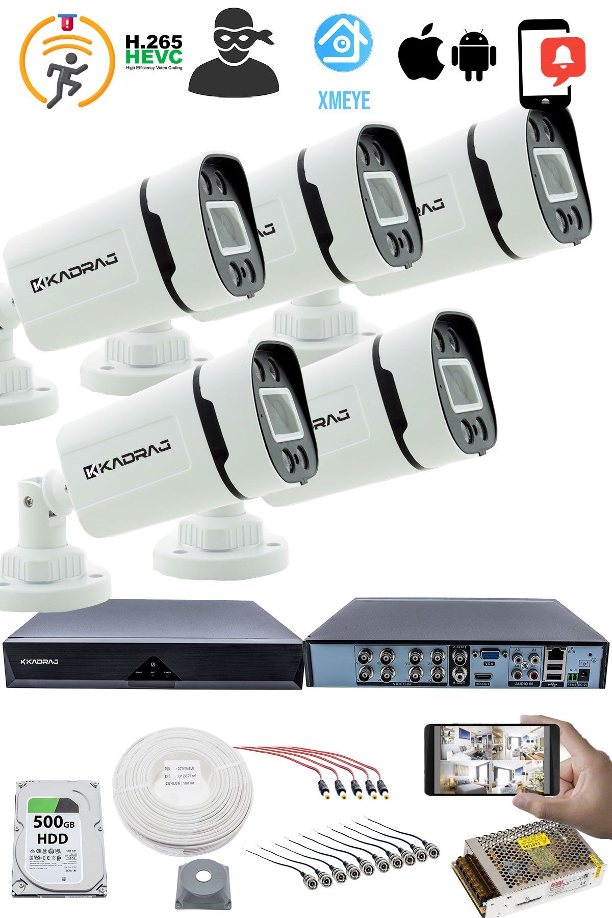 5 KAMERALI GÜVENLİK KAMERASI SETİ - GECE RENKLİ 5MP SONY SECULENS, 1080P FULL HD AHD, 4 WARM LED,