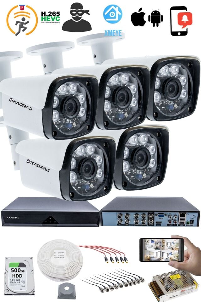 5'li Kamera Seti 5MP Sony SecuLensli 1080P Full HD, 6 Atom LED, AHD Güvenlik Kamerası Seti