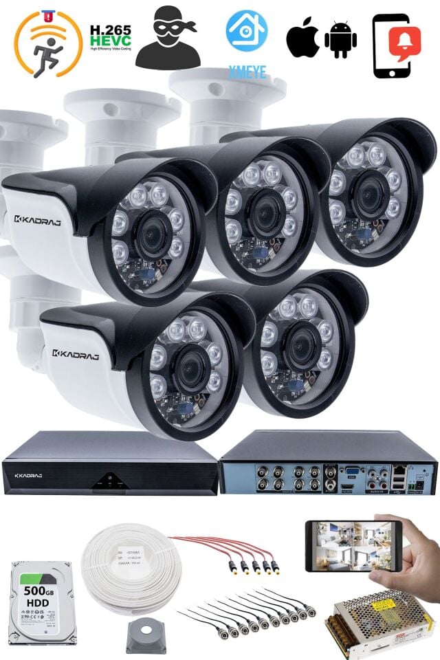 5 Kameralı 5MP Sony SecuLensli 1080p Full HD AHD Güvenlik Kamerası Seti, 6 Atom LED, Gece Görüşlü