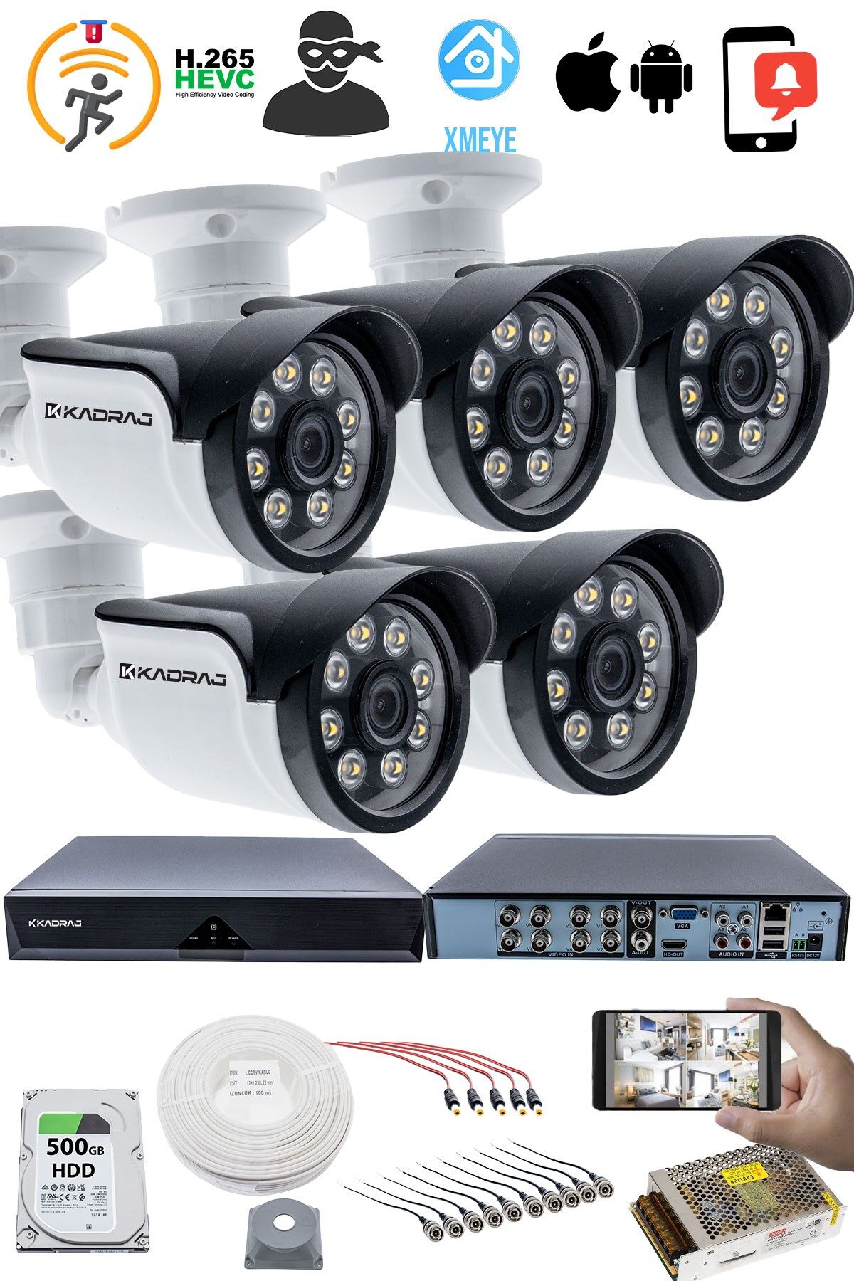 5 Kameralı Güvenlik Kamerası Seti - 5MP Sony SecuLensli 1080p AHD, 8 Warm LED, Colorvu