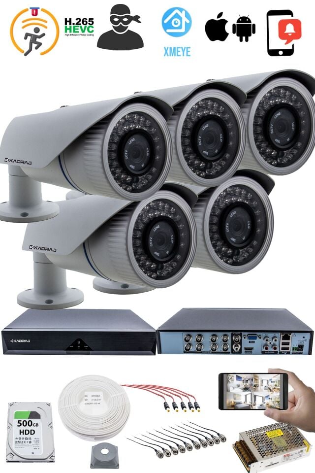 5 Kameralı Güvenlik Kamerası Seti - 5mp Sony Seculensli 1080p Ahd, 42 Ir Led, Gece Görüşlü