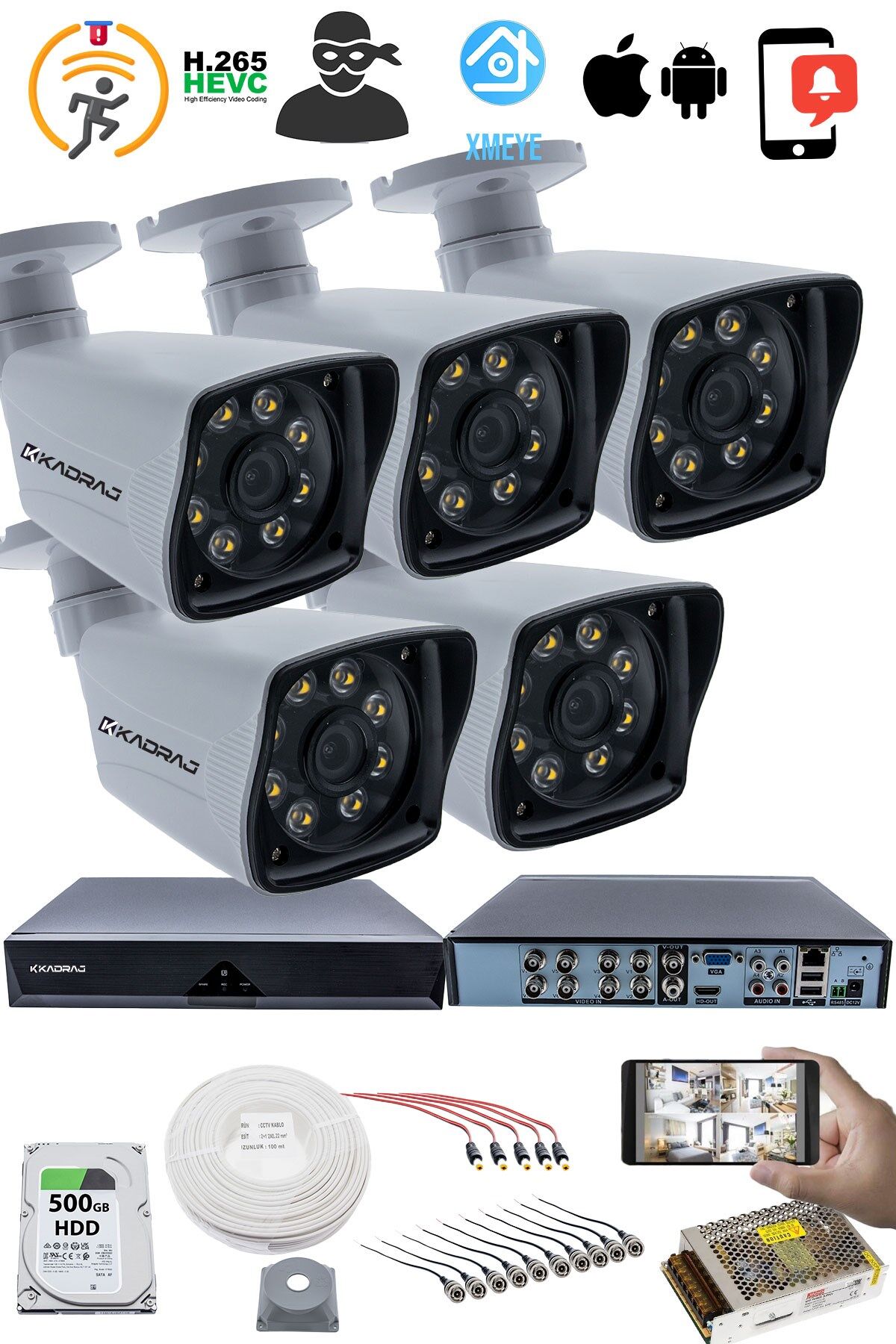 5 Kameralı Güvenlik Kamerası Seti - 5MP Sony SecuLensli 1080p Full HD AHD, 8 Ultra Warm LED,