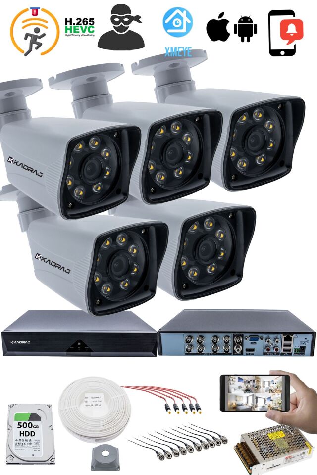 5 Kameralı Güvenlik Kamerası Seti - 5MP Sony SecuLensli 1080p Full HD AHD, 8 Ultra Warm LED,