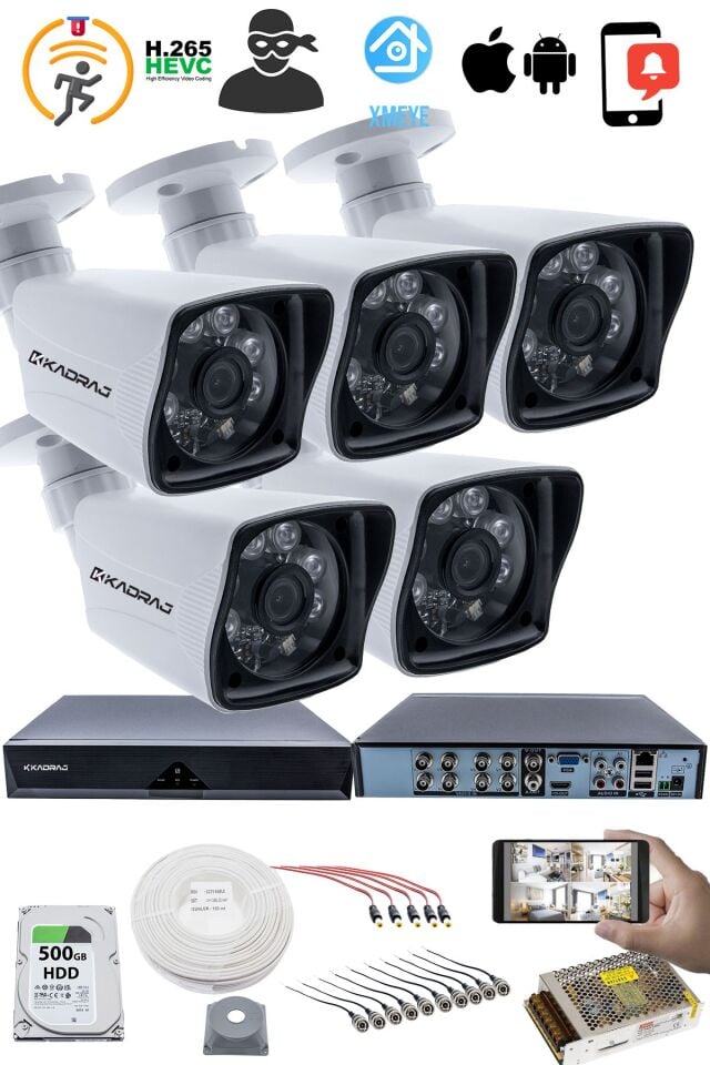 5 Kameralı Güvenlik Kamerası Seti - 5MP Sony SecuLensli 1080P Full HD AHD, 6 Atom LED, Gece Görüşlü
