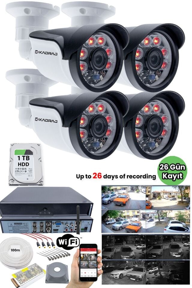 Güvenlik Kamera Sistemi - 4 Kameraları Güvenlik Seti + 1 TB Disk  + 5MP DVR +  Kablosuz WIFI