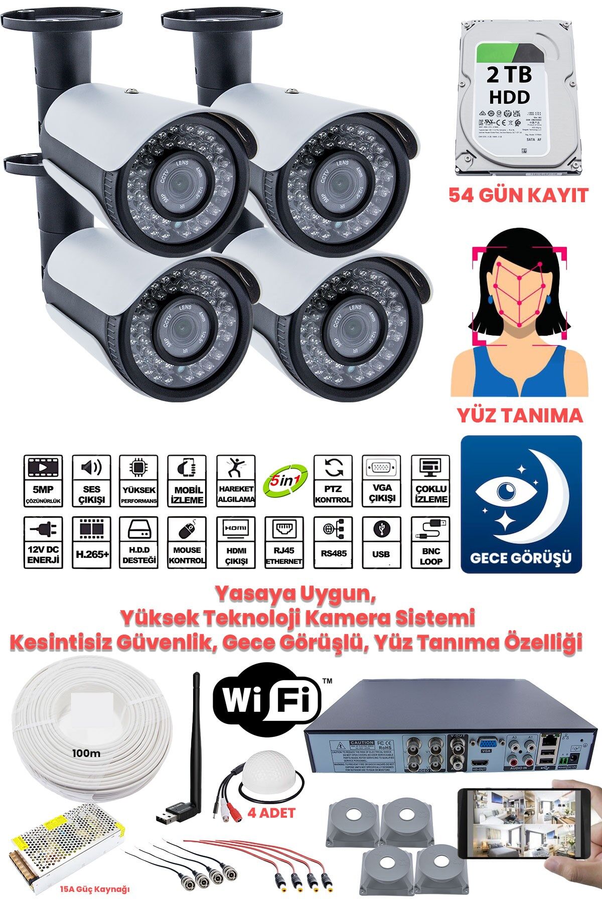 Kadraj Güvenlik Kamera Seti - 4 Kameralı - 5MP Sony SecuLens, Full HD, Gece Görüşü, 2TB Disk + Ses