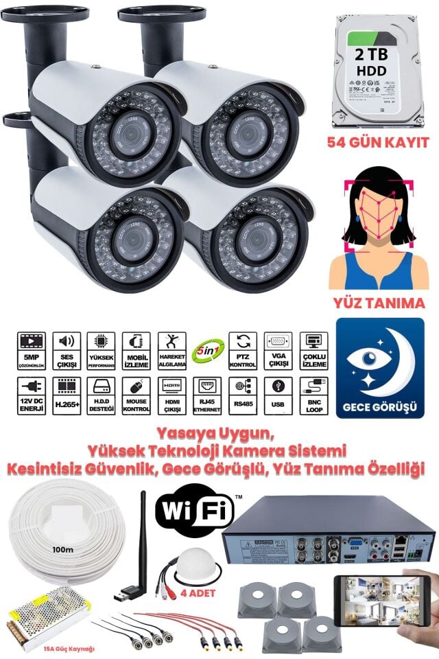 Kadraj Güvenlik Kamera Seti - 4 Kameralı - 5MP Sony SecuLens, Full HD, Gece Görüşü, 2TB Disk + Ses