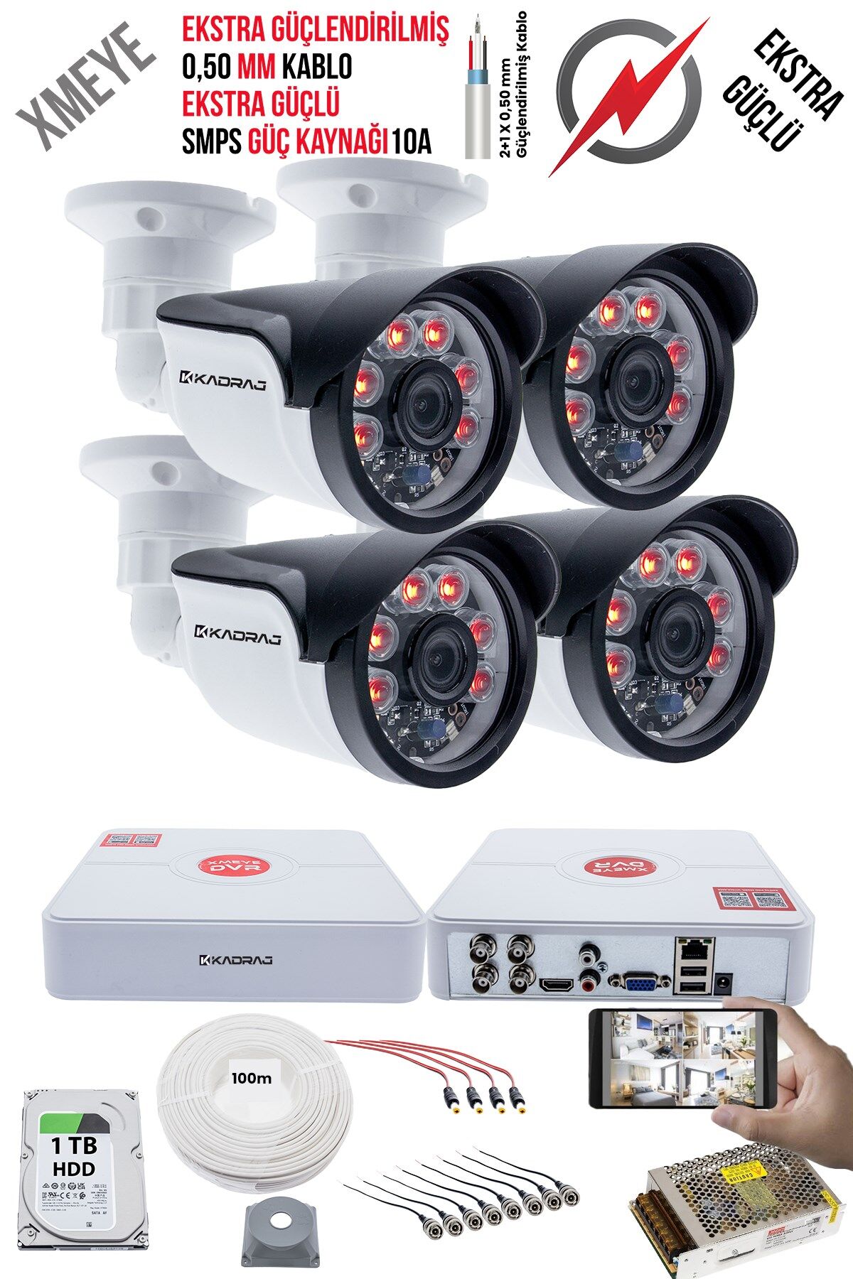 4 Kameralı Güvenlik Kamera Seti - Ekstra Uzun Mesafeli Güçlü, 5MP Sony Lens, 6 Atom LED, 1TB  H.D.D