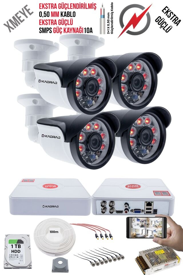 4 Kameralı Güvenlik Kamera Seti - Ekstra Uzun Mesafeli Güçlü, 5MP Sony Lens, 6 Atom LED, 1TB  H.D.D