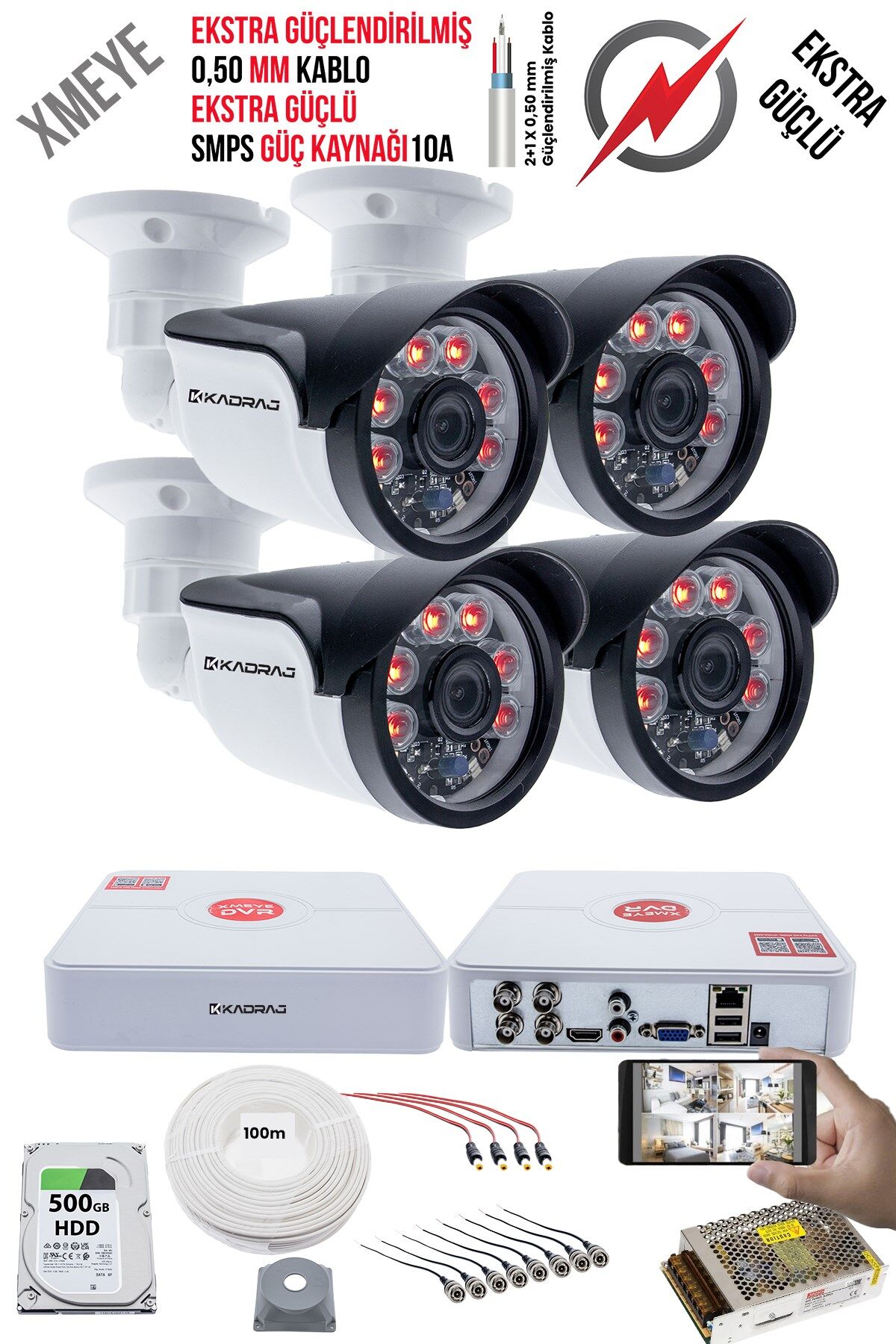 4 Kameralı Güvenlik Kamera Seti - Ekstra Uzun Mesafeli Güçlü, 5MP Sony Lens,  6 Atom LED, 500gb  HDD