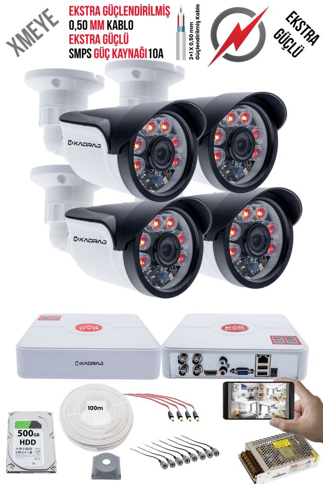 4 Kameralı Güvenlik Kamera Seti - Ekstra Uzun Mesafeli Güçlü, 5MP Sony Lens,  6 Atom LED, 500gb  HDD