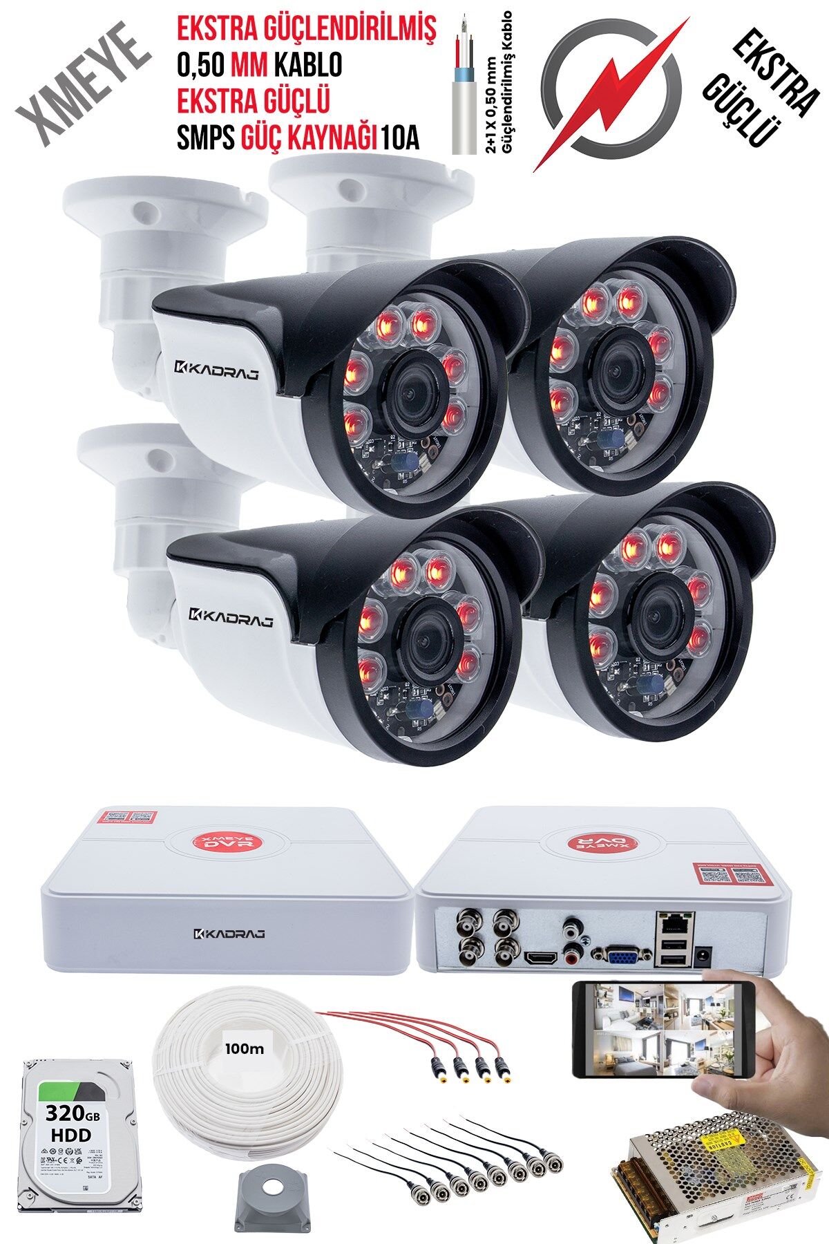 4 Kameralı Güvenlik Kamera Seti - Ekstra Uzun Mesafeli Güçlü, 5MP Sony Lens, 6 Atom LED, 320GB  HDD