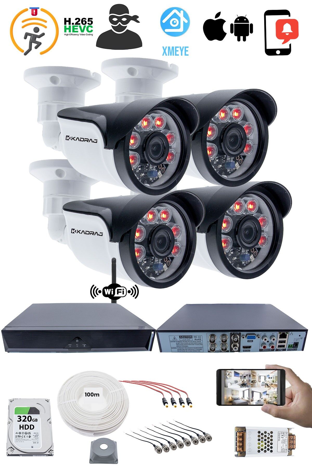 4 Kamera Seti - 5MP Full HD Güvenlik Kamerası, 1080p, 6 Atom LED Gece Görüşü, Su Geçirmez