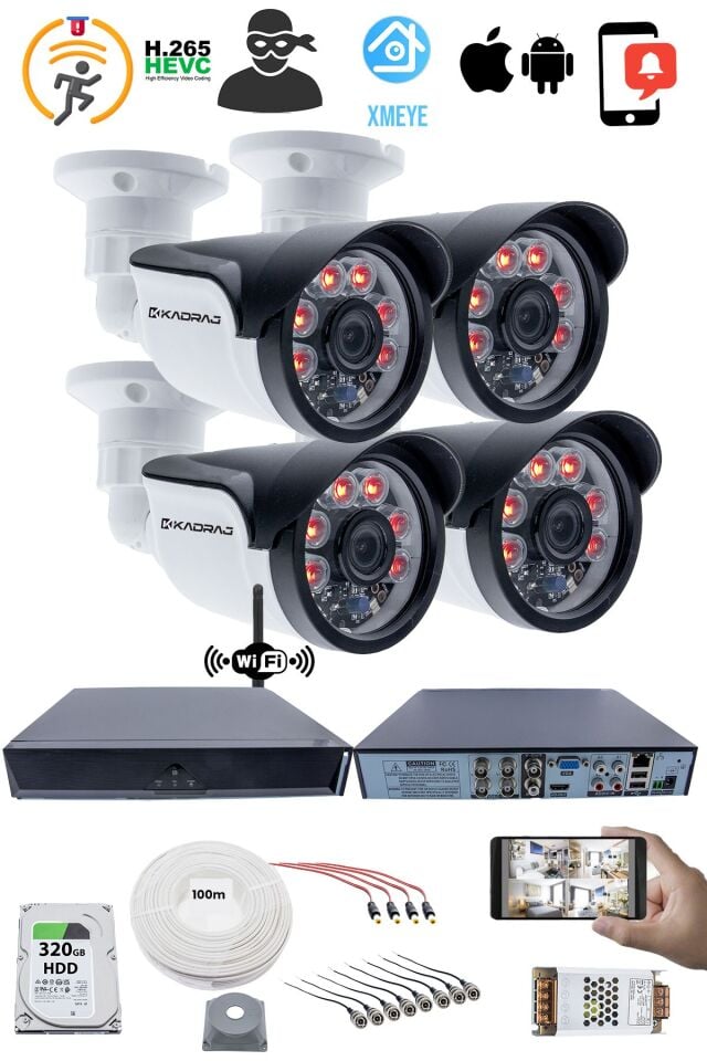 4 Kamera Seti - 5MP Full HD Güvenlik Kamerası, 1080p, 6 Atom LED Gece Görüşü, Su Geçirmez