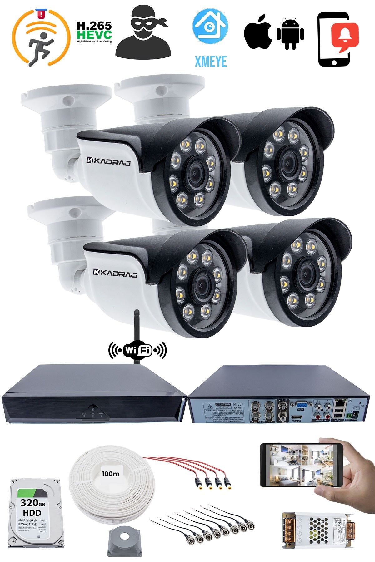 4 Güvenlik Kamera Seti - 5MP Sony SecuLens, 1080p Güvenlik Kamerası, 8 Warm LED, Gece Renkli Görüş,