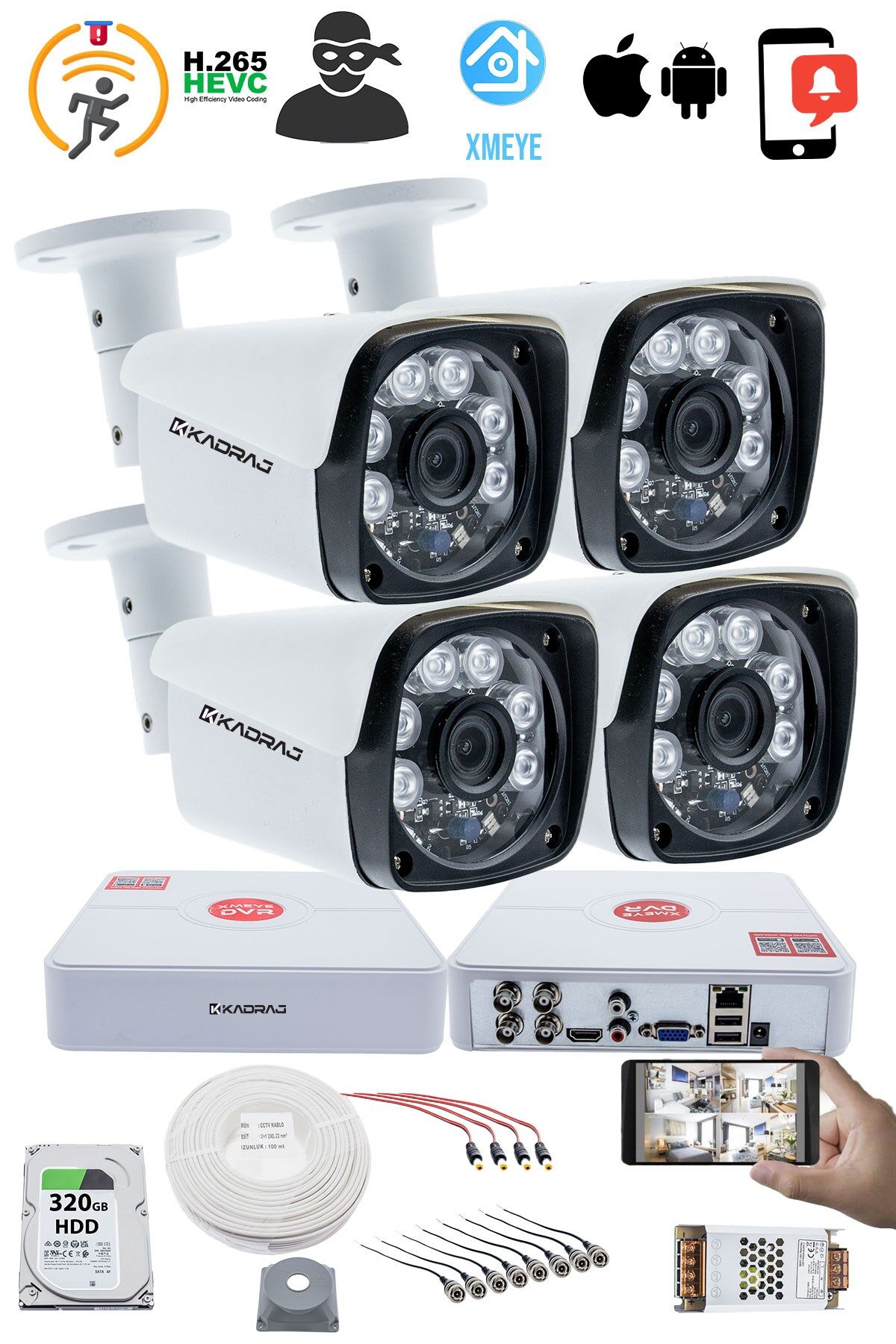 4 Kameralı Set Kadraj 5MP Sony SecuLensli 1080P Full HD AHD 6 ATOM LED Güvenlik Kamerası Seti