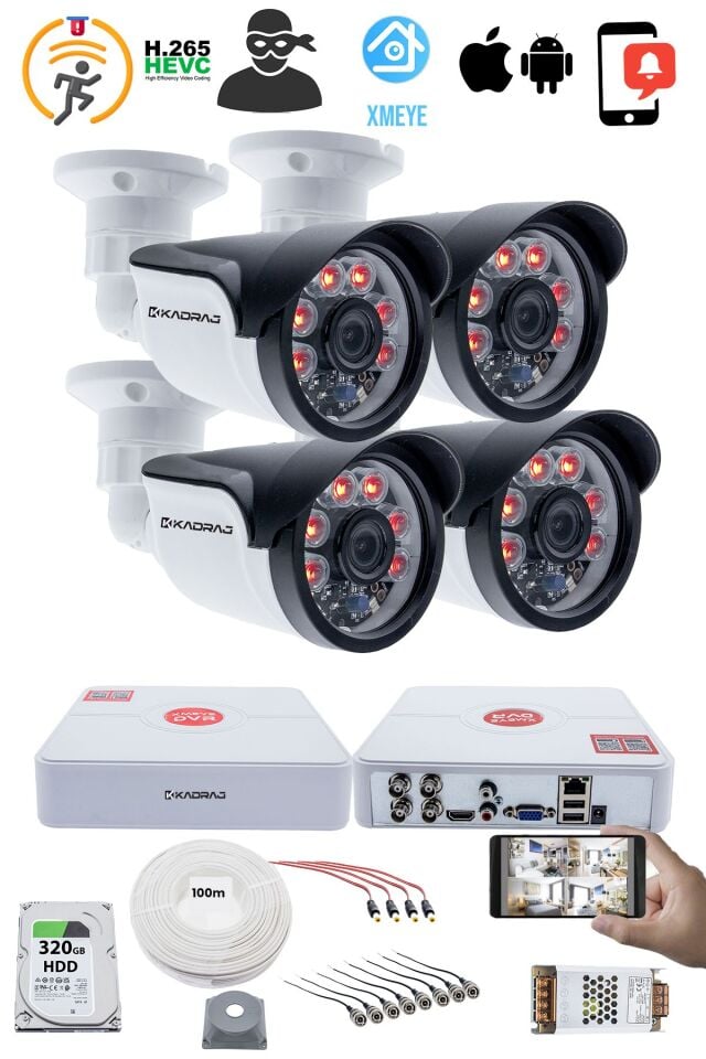 4 Kameralı Set 5MP Full HD Güvenlik Kamerası Seti - 1080p 6 Atom Led Gece Görüşlü Su Geçirmez