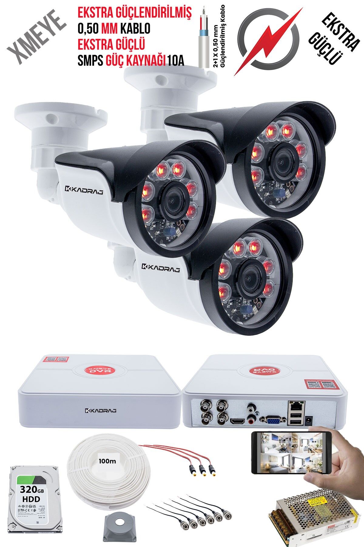 3 Kameralı Güvenlik Kamera Seti - Ekstra Uzun Mesafeli Güçlü, 5MP Sony Lens, 6 Atom LED, 320GB H.D.D