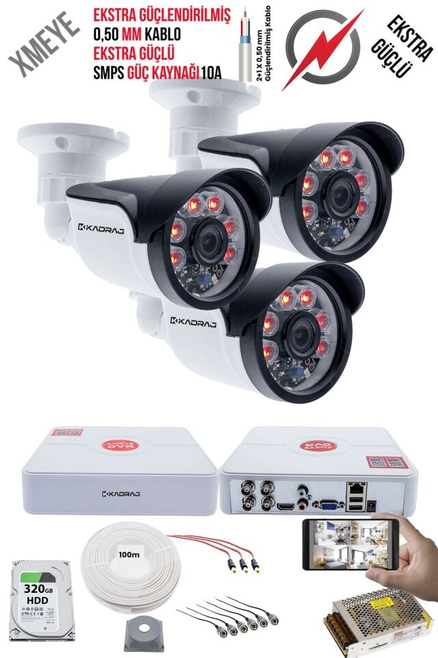 3 Kameralı Güvenlik Kamera Seti - Ekstra Uzun Mesafeli Güçlü, 5MP Sony Lens, 6 Atom LED, 320GB H.D.D