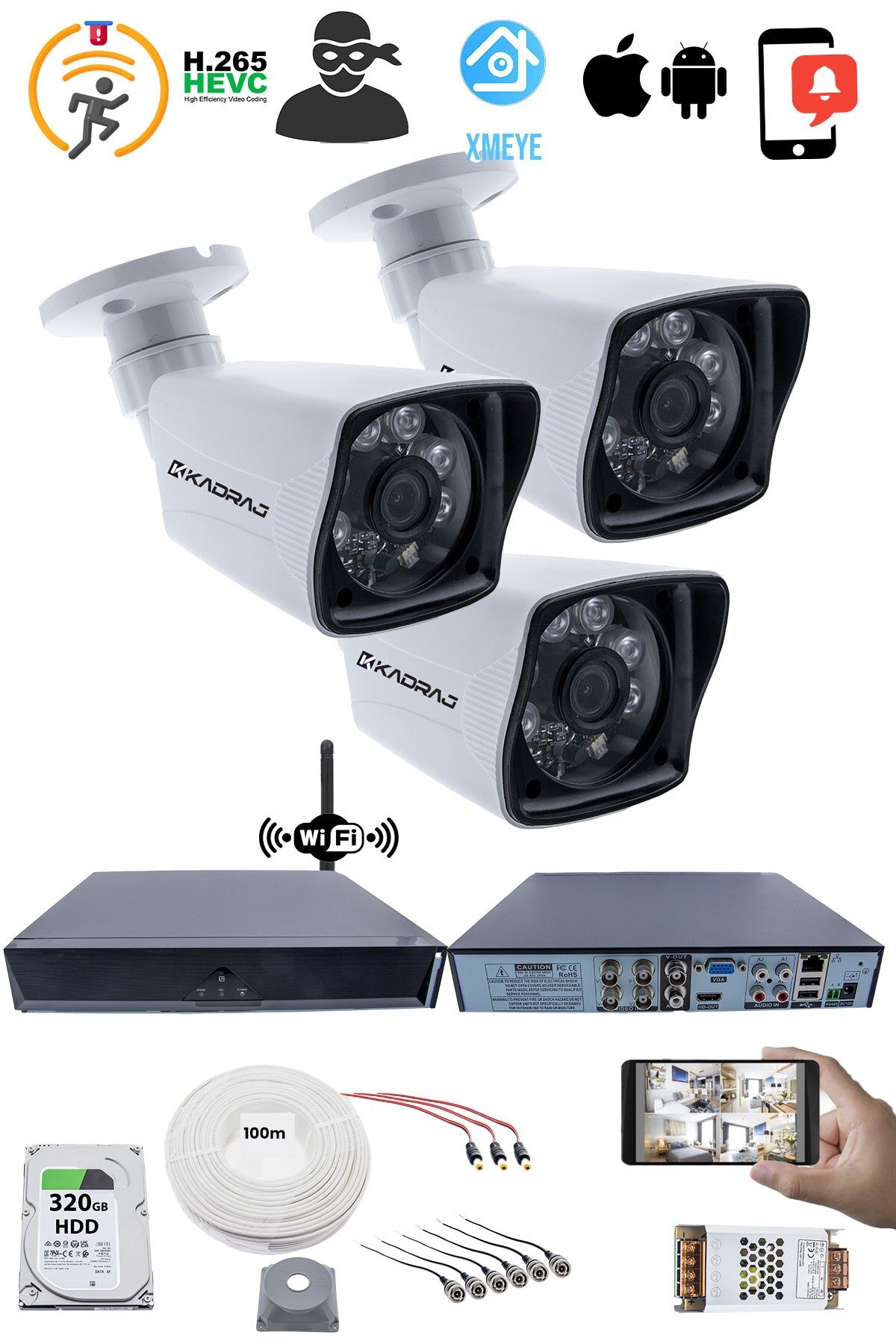 3 Kameralı Güvenlik Seti - 5MP Sony SecuLens, 1080P AHD, 6 Atom LED,  Su Geçirmez,  WiFi Adaptörü