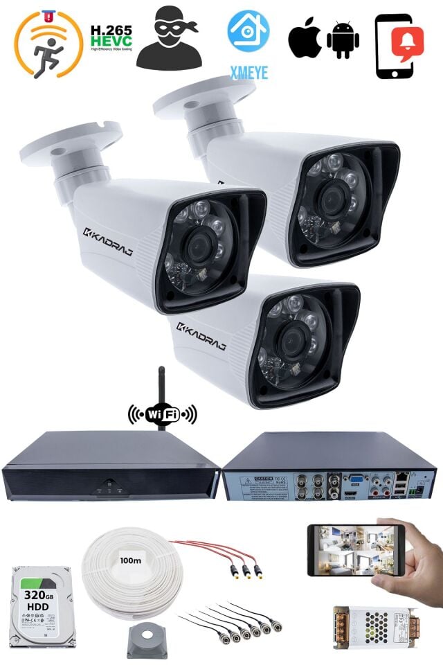 3 Kameralı Güvenlik Seti - 5MP Sony SecuLens, 1080P AHD, 6 Atom LED,  Su Geçirmez,  WiFi Adaptörü