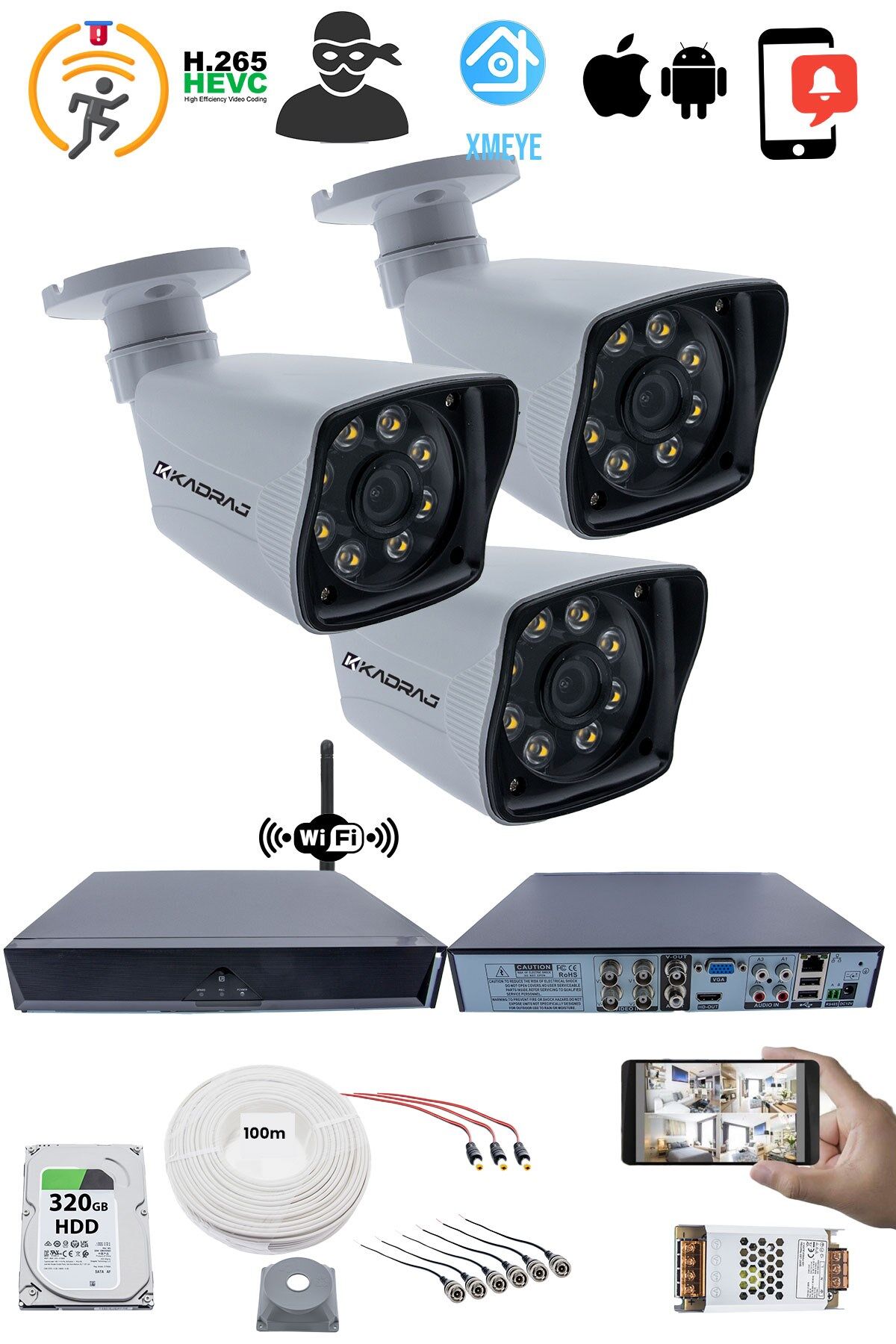3 Kameralı Güvenlik Seti 5MP Sony SecuLens, 1080p  AHD, 8 Ultra Warm LED, Gece Renkli, WiFi Adaptörü
