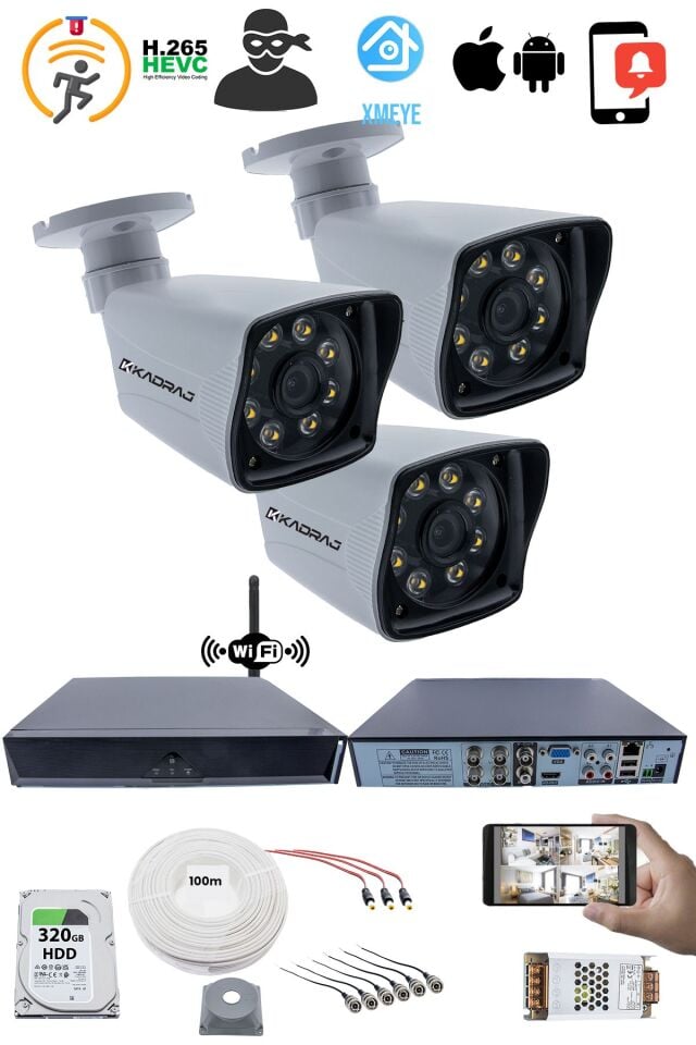 3 Kameralı Güvenlik Seti 5MP Sony SecuLens, 1080p  AHD, 8 Ultra Warm LED, Gece Renkli, WiFi Adaptörü