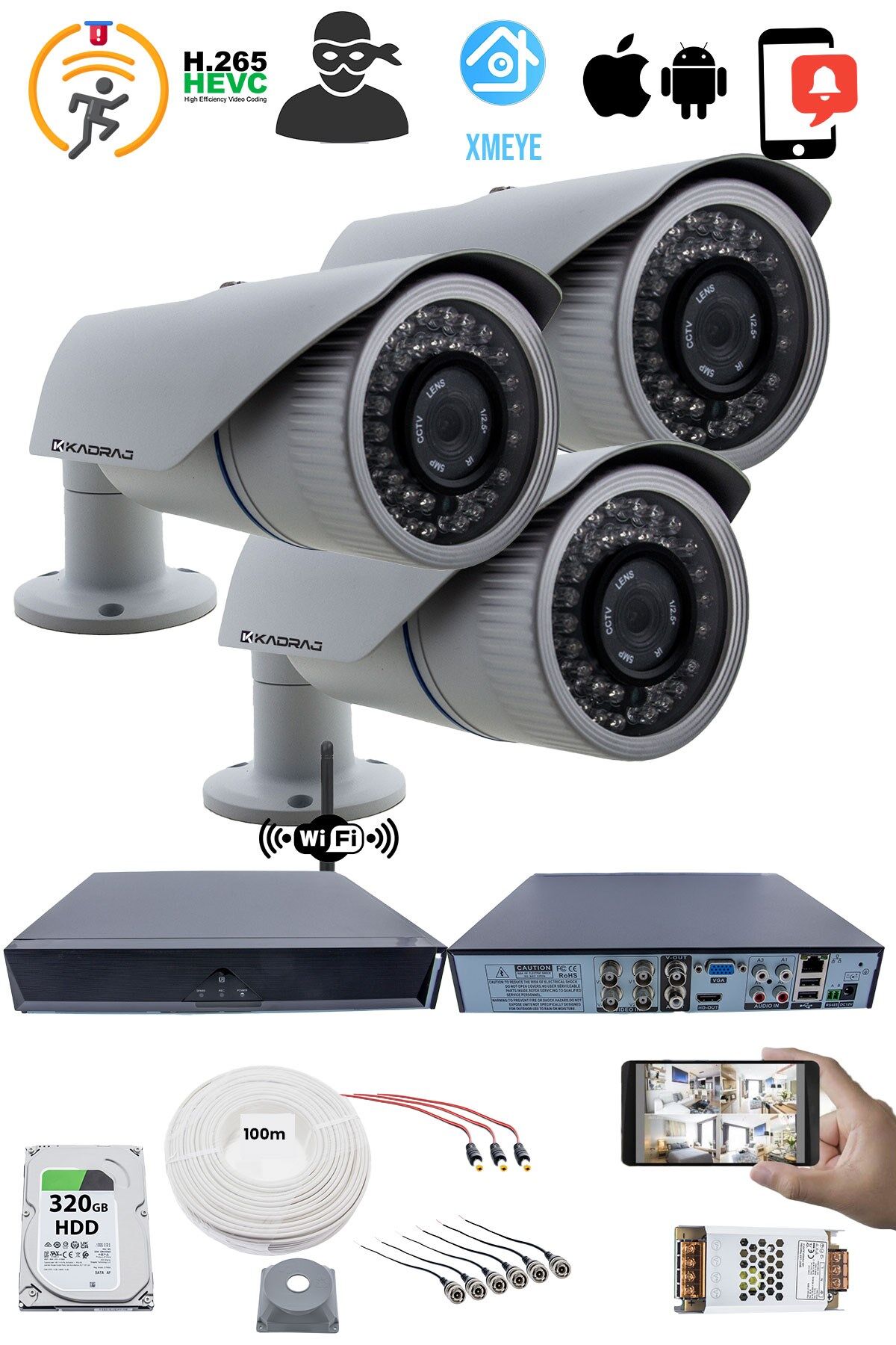 3 Kameralı Güvenlik Seti - 5MP Sony SecuLens, 1080p AHD, 42 IR LED, Gece Görüşlü, WiFi Adaptörü,