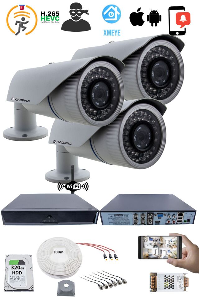 3 Kameralı Güvenlik Seti - 5MP Sony SecuLens, 1080p AHD, 42 IR LED, Gece Görüşlü, WiFi Adaptörü,