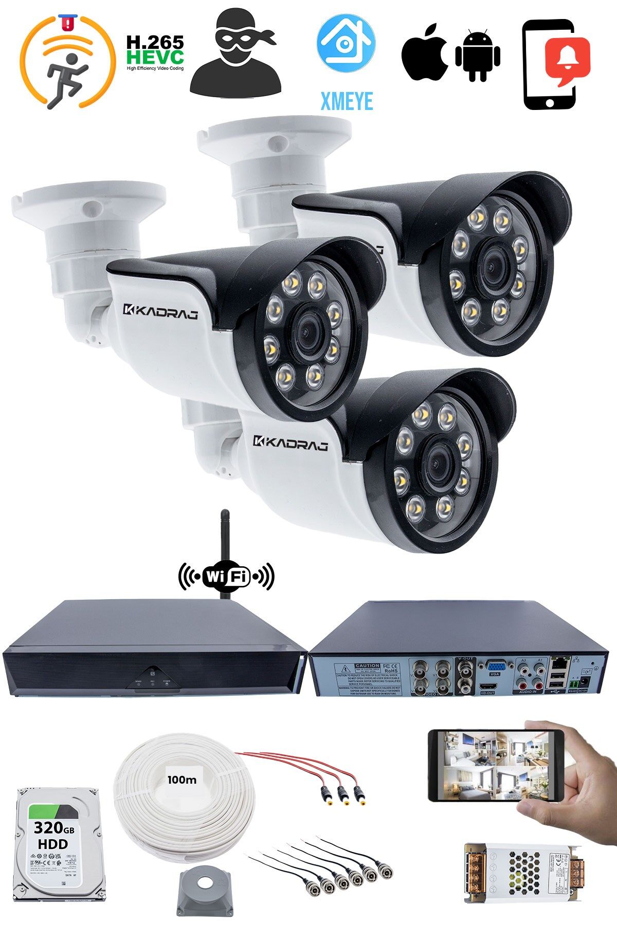 3 Kameralı Güvenlik Seti - 5MP Sony SecuLens, 1080p AHD, 8 Warm LED, Gece Renkli Görüş,WiFi Adaptörü