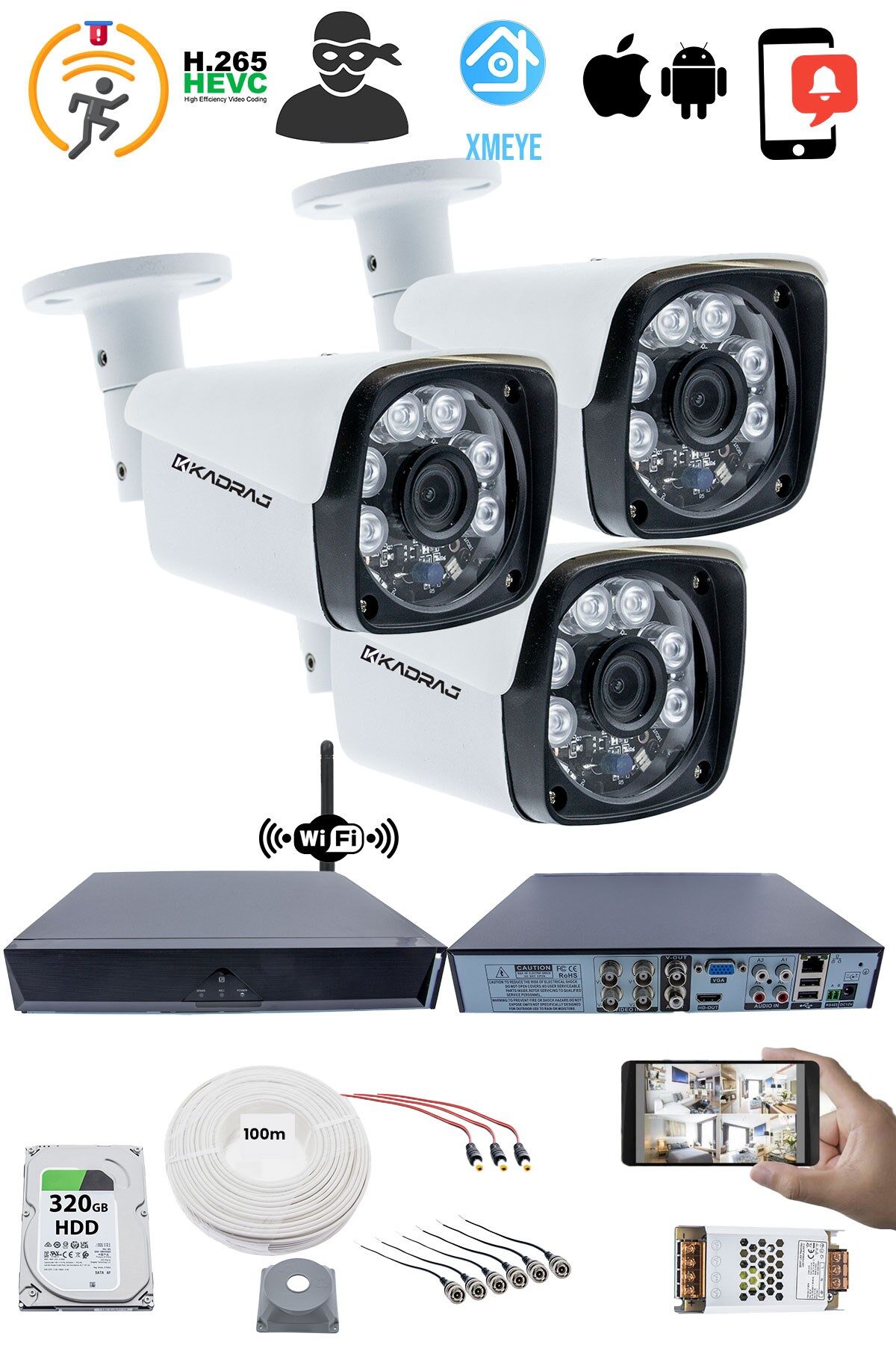 3 Kameralı Güvenlik Seti - 5MP Sony SecuLens, 1080P AHD, Gece Görüşlü, 6 Atom LED,WiFi Adaptörü, V1