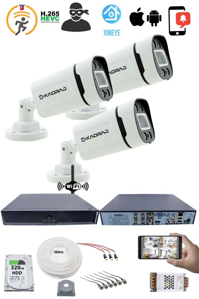 3 Kameralı Güvenlik Seti - Gece Renkli, 5MP Sony SecuLens, 1080p AHD, 4 Warm LED, WiFi Adaptörü,