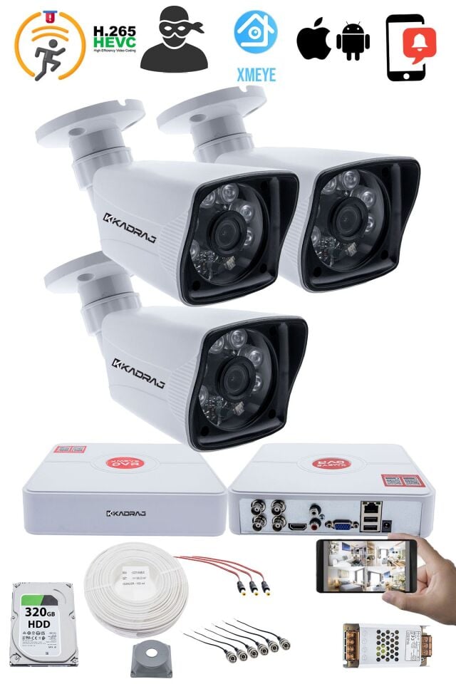 3 Kameralı Set 5MP Sony SecuLensli 1080P Full HD 6 Atom Led, AHD Güvenlik Kamerası Seti