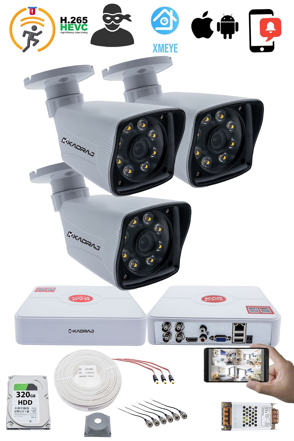 3 Kameralı Set 5MP Sony SecuLensli 1080p  8 Ultra Warm Led AHD Güvenlik Kamerası Seti, Gece Renkli