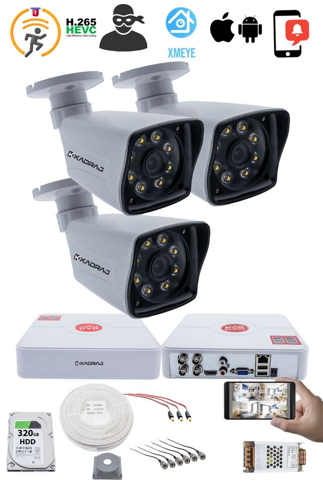 3 Kameralı Set 5MP Sony SecuLensli 1080p  8 Ultra Warm Led AHD Güvenlik Kamerası Seti, Gece Renkli