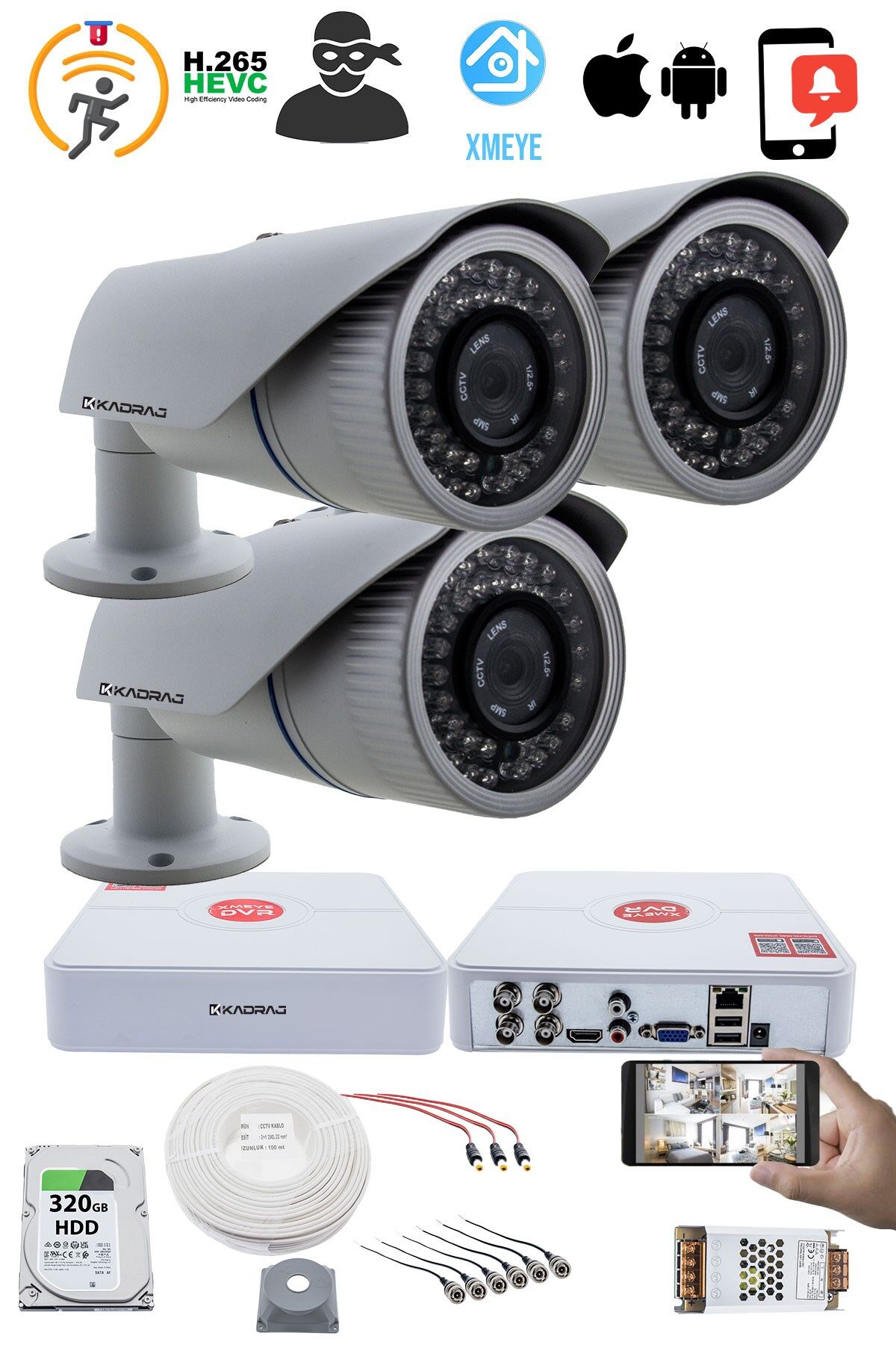 3 Kameralı Set - 5MP Sony SecuLensli, 1080p AHD, 42 IR Led, Gece Görüşlü,Metal Kasa