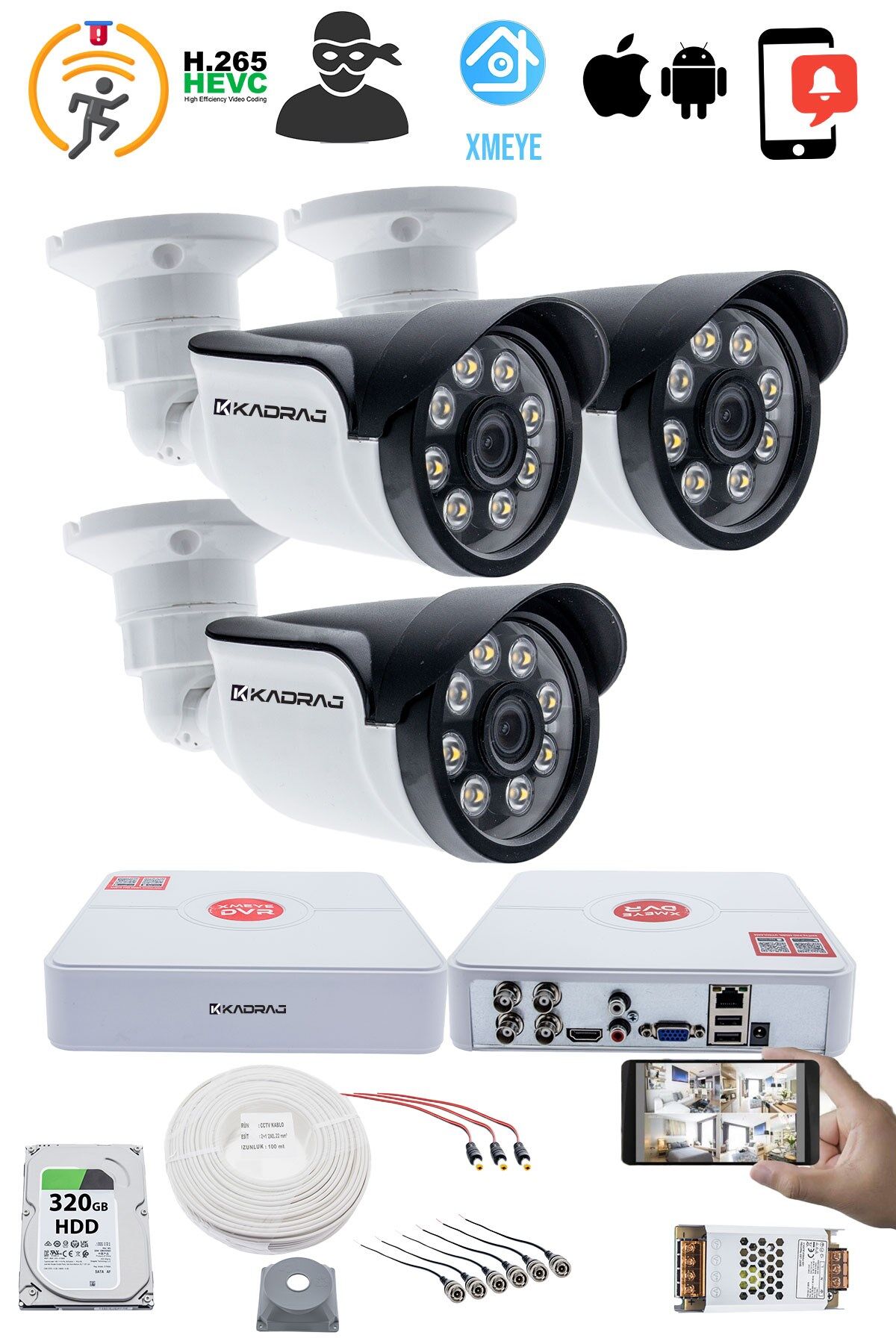 3 Kameralı Set - 5MP Sony SecuLensli, 1080p AHD, 8 Warm LED, Colorvu Gece Renkli Görüş, Full HD