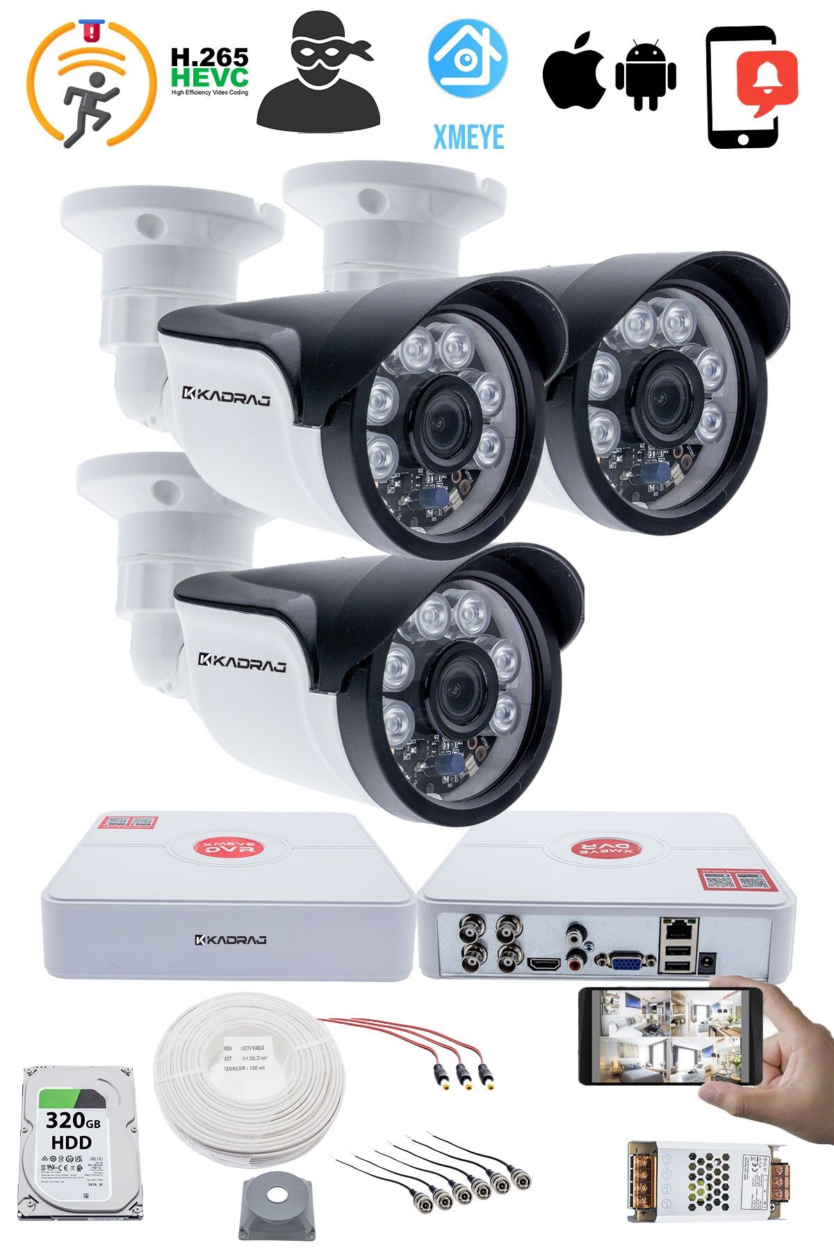 3 Kameralı  Set - 5MP Sony SecuLens, 1080p Full HD AHD, Gece Görüşlü, 6 Atom LED, IP66 Plastik Kasa