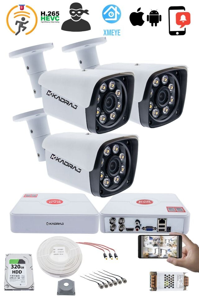 3 Kameralı Set - 5MP Sony SecuLensli 1080p Full HD AHD - Gece Renkli, 8 Ultra Warm Led