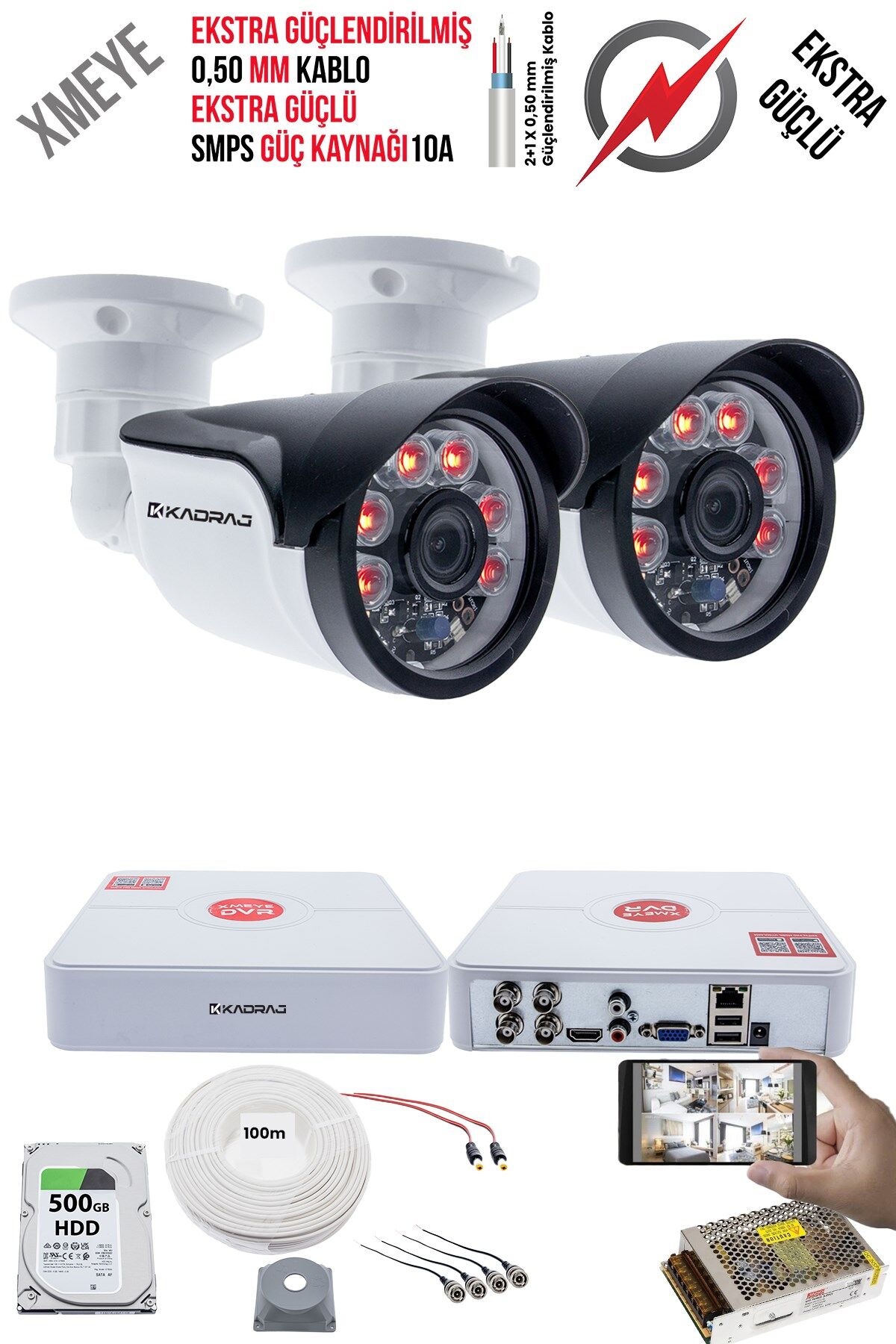 2 Kameralı Güvenlik Kamera Seti - Ekstra Uzun Mesafeli Güçlü, 5MP Sony Lens,,6 Atom LED, 500GB H.D.D