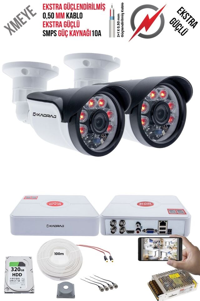 2 Kameralı Güvenlik Kamera Seti - Ekstra Uzun Mesafeli Güçlü, 5MP Sony Lens,,6 Atom LED, 320GB H.D.D