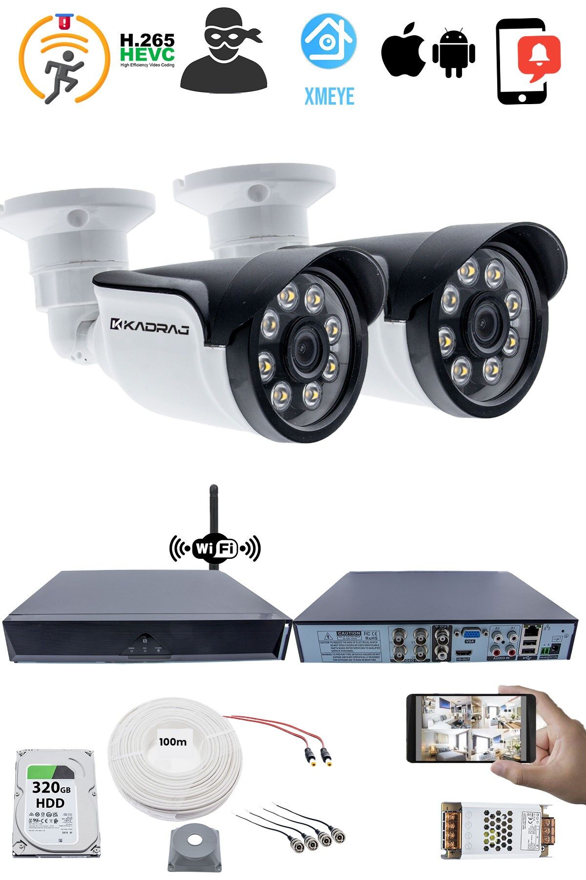 2 Kameralı Güvenlik Seti - 5MP Sony SecuLens, 1080p AHD, 8 Warm LED, Gece Renkli Görüş,WiFi Adaptörü